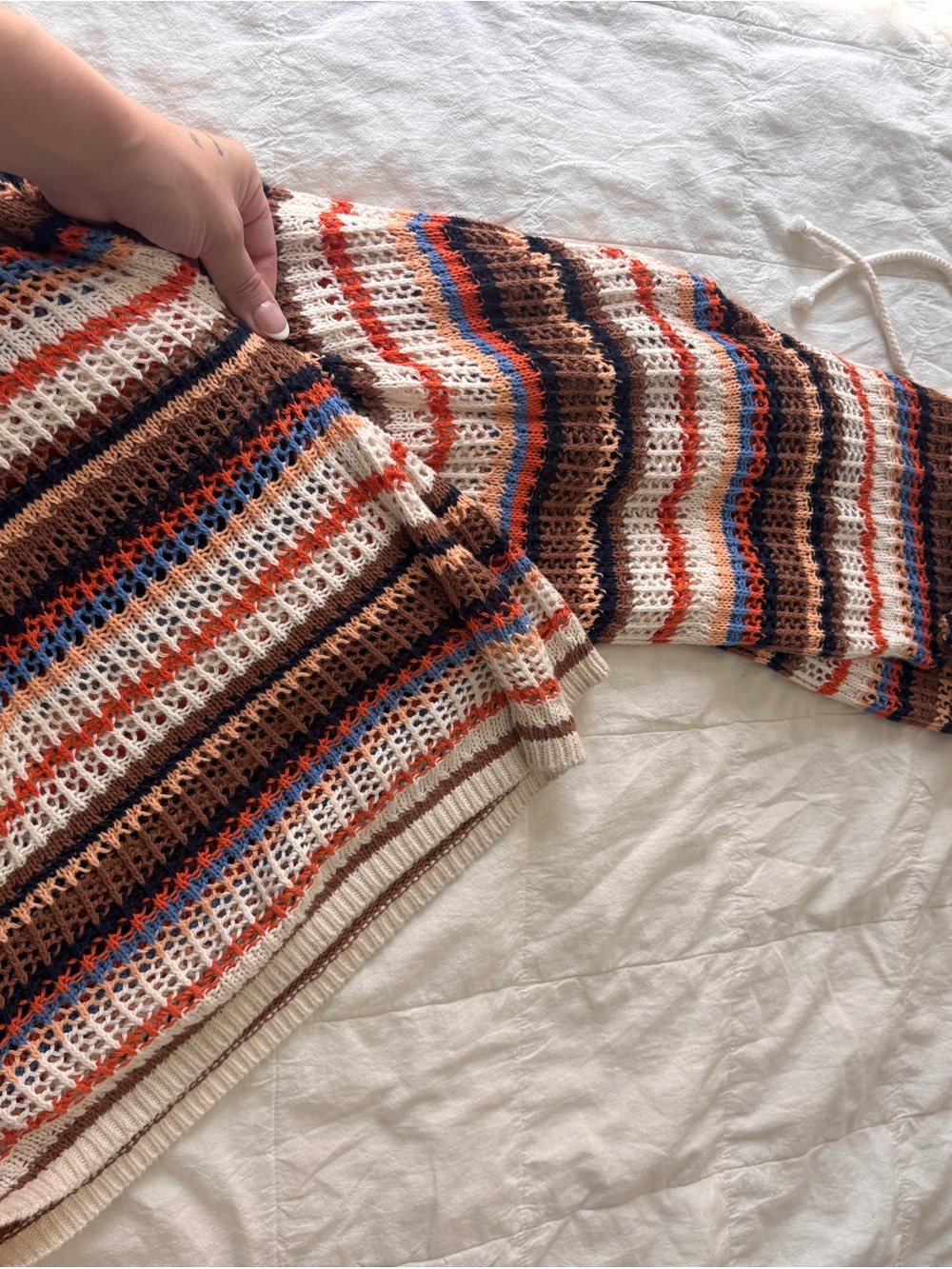 aerie Striped Open-Knit Crewneck Sweater in Brown, Cream & Blue